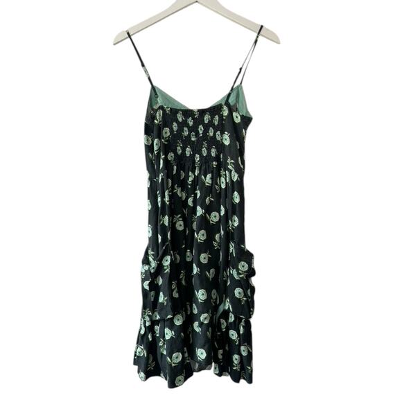 FREE PEOPLE Black & Green Floral Linen Sun Dress Pockets Size 4 - Picture 6 of 8